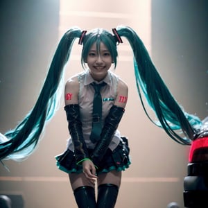 cinematic photo of (muscular:1.5), beautiful hatsune miku,  twintails,  mikudef,  (smile to the camera), (dynamic dance),  fullbody, (neon light:1.3),realhands