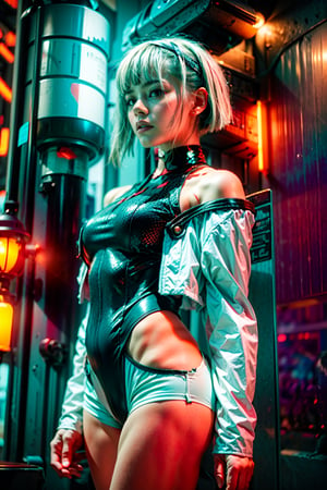 lucy \(cyberpunk\), 1girl, 20 years old beautiful Japanese, bangs, white offshoulders jacket, bare shoulders, belt, black belt, black leotard, black pants, blurry, bob cut, breasts, clothing cutout, cropped jacket, cyberpunk edgerunners, building, neon:1.8, cyberpunk:1.2, sci-fi:1.2, futuristic:1.2, cyberpunk edgerunners cityscape depth of field, from side, gradient eyes, grey eyes, grey hair, jacket, leotard, lips, long sleeves, looking afar, looking ahead, mechanical parts, small breasts, multicolored eyes, multicolored hair, night, night sky, off shoulder, open clothes, open jacket, outdoors, pants, parted lips, railing, red eyeliner, science fiction, short hair with long locks, short shorts, shorts, sidelocks, sky, solo, standing, teeth, thigh cutout, upper teeth only, white jacket, white shorts, cyberpunk \(series\), cyberpunk edgerunners,LUCY \(CYBERPUNK\),Real,cbpkv5, ,dark studio