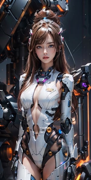 A 20 years old girl extremely beautiful and gorgeous young putting on a cyborg robot suit high tech armor detailed body deadly lock serious look on her face , full body ,Science Fiction, Futuristic fighter ship, sexy,big boobs,nude, pose sexy , Stand in the middle of the common frame , ,yofukashi background