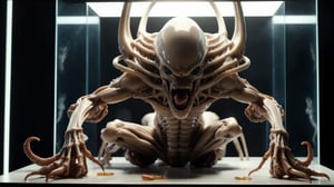 (((a huge H.R. Giger glossy Alien Xenomorph smashes a glass shelf with embryos in capsules with its huge paws)), (((full body view))), ((dystopian dark space laboratory background)), ((Retrofuturism)), ((lighting dust particles)), horror movie scene, best quality, masterpiece, (photorealistic:1.4), 8k uhd, dslr, masterpiece photoshoot, (in the style of Hans Heysen and Carne Griffiths),shot on Canon EOS 5D Mark IV DSLR, 85mm lens, long exposure time, f/8, ISO 100, shutter speed 1/125, award winning photograph, facing camera, perfect contrast,GHTEN,cinematic style