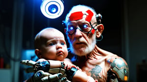 (((very old grandfather with cybernetic implants on his body and hands holds a baby over his head))), ((Around them sit mechanized robotic embryos with glowing eyes)), ((dystopian cyberpunk laboratory for growing children in futuristic capsules background)), ((lighting dust particles)), horror movie scene, best quality, masterpiece, (photorealistic:1.4), 8k uhd, dslr, masterpiece photoshoot, (in the style of Hans Heysen and Carne Griffiths),shot on Canon EOS 5D Mark IV DSLR, 85mm lens, long exposure time, f/8, ISO 100, shutter speed 1/125, award winning photograph, facing camera, perfect contrast,zavy-cbrpnk,cinematic style