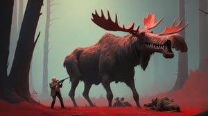 (close-up shot of dark fantasy movie scene), (((ugly Horrible screaming mutated old hunter puts on a suit made from the skin of a killed moose))), (there are guns and cartridges lying around), ((old forest house background)), dark fantasy, dark color scheme, hyper realistic, red paint scattered, black paint scattered, raw, cinematic, photorealism, 8k, intricately detailed, award winning, acrylic palette knife, style of makoto shinkai studio, james gilleard, greg rutkowski, chiho aoshima,darkart,more detail XL,potma style