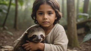 forest native of the indigenous little boy Portrait, Centered portrait of a forest native little boy, ((sitting at the cozy shelter with a sloth animal)), ultra realistic detail, in golden hour lighting, against a slightly blurred forest backdrop, Shot on a Fujifilm GFX 100 with a GF 32- 64mm f/4 R LM WR lens; 1/125 sec at f/8, 8k, uhd, dslr, realistic, award winning photo, cinematic lighting, full body, sharp focus, cinematic lighting