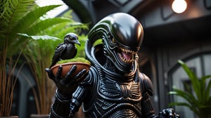 Photorealistic Bright colorful, black glossy Xenomorph alien time-traveller holding a bird in his hands, intricate, matte materials, delicate details, holding a bird in hand, hazmat suit, alien plants in background. 35mm photograph, film, bokeh, professional, 4k, highly detailed, cinematic moviemaker style,dark,chiaroscuro,low-key,photorealistic,analog