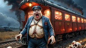 (((medium shot of Creepy Freakish biopunk very fat screaming train driver stands at the back of an old train that travels along a bone-strewn railroad), (there is a lot of bones around railroad), (night dark field background), ((biopunk, raw meat, ulcers red pores), art style by Zdzisław Beksiński, glowing lights, masterpiece, best quality, photorealistic illustration, ultra-high resolution, photographic light, hyper detailed, Creepy Freakish,creepy_n_freaks_V1.0:0.8