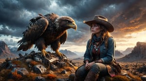 (((girl in cowboy clothes sitting at the huge eagle bird))), ((mountain plain background)), high detail, 8k, masterpiece, realistic photo, sci-fi, fantastical, intricate detail, complementary colors, (in the style of Hans Heysen and Carne Griffiths), shot on Canon EOS 5D Mark IV DSLR, 85mm lens, long exposure time, f/8, ISO 100, shutter speed 1/125, award winning photograph, facing camera, perfect contrast, cinematic style