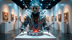 Cinematic ultra realistic shot. In the center of the composition is a crystal sculpture of full body creepy Jason Voorhees character. The crystal shimmers with a soft black color, symbolizing horror. From the inside, the sculpture is filled with a poisonous black liquid, symbolizing poison. The minimalist background refers to the sci-fi exhibition. The lighting is accentuated on the sculpture, helping to highlight the contrast between the color of the crystal and the color of the liquid. Romanticism in the format of dark fantasy, melancholic renaissance, surreal art