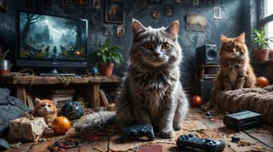 (((gray fluffy cat of the Nebelung breed plays sony playstation with friends))), (cozy playroom with a huge TV background), high detail, 8k, masterpiece, realistic photo, sci-fi, fantastical, intricate detail, complementary colors, (in the style of Hans Heysen and Carne Griffiths), shot on Canon EOS 5D Mark IV DSLR, 85mm lens, long exposure time, f/8, ISO 100, shutter speed 1/125, award winning photograph, facing camera, perfect contrast, cinematic style