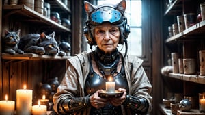 (((very old grandmother with cybernetic implants on her body and hands with a VR helmet petting a fluffy grey cat))), ((a lot of burning candles on the shelves)), ((dystopian cyberpunk wooden room background)), ((Retrofuturism)), ((lighting dust particles)), horror movie scene, best quality, masterpiece, (photorealistic:1.4), 8k uhd, dslr, masterpiece photoshoot, (in the style of Hans Heysen and Carne Griffiths),shot on Canon EOS 5D Mark IV DSLR, 85mm lens, long exposure time, f/8, ISO 100, shutter speed 1/125, award winning photograph, facing camera, perfect contrast,zavy-cbrpnk,cinematic style