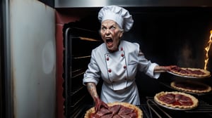 (((full body angry screaming biopunk old woman baker in a white chef's suit with raw meat body parts stands near the oven with pies and bread))), full body shot, ((dark dirty restaurant kitchen in red liquid with huge clay oven background)), abrasions and scratches, torn flesh, high detail,  8k, masterpiece, realistic photo, horror, ct-horror, fantastical, intricate detail, complementary colors, horror fantasy concept art,(in the style of Hans Heysen and Carne Griffiths),shot on Canon EOS 5D Mark IV DSLR, 85mm lens, long exposure time, f/8, ISO 100, shutter speed 1/125, award winning photograph, facing camera, perfect contrast,cinematic style,biopunk style