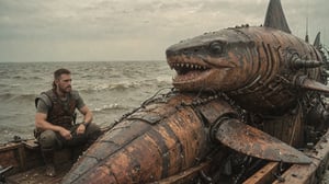 (close-up shot of 2 two Vikings warriors sitting in a small dieselpunk wooden boat), (a huge giantic mechanical robotic shark fish swims after them), (vintage retro futuristic dystopian dieselpunk atmosphere), (dieselpunk desert sea background), (vintage sci-fi), (determined expression:1.3), dystopian era, realistic, ambient light, cinematic composition, wide-angle lens, best quality, masterpiece