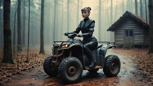 (((sexy cyberpunk android with mechanical parts Audrey Hepburn sits on a futuristic quad bike near an old hut))), ((there are many forest mushrooms in the clearing around)), ((vintage dystopian autumn forest background)), ((lighting dust particles)), horror movie scene, best quality, masterpiece, (photorealistic:1.4), 8k uhd, dslr, masterpiece photoshoot, (in the style of Hans Heysen and Carne Griffiths),shot on Canon EOS 5D Mark IV DSLR, 85mm lens, long exposure time, f/8, ISO 100, shutter speed 1/125, award winning photograph, facing camera, perfect contrast,cinematic style