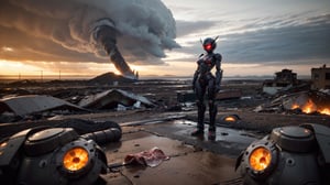 A giant ultra detailed glossy black mecha alien humanoid robot in mechanical biopunk style stands on pieces of rotten meat. The atmosphere is saturated with depression and hopelessness. The wreckage of the equipment smokes over the horizon. Location of a ruined street, it is raining,Christmas 1girl,Mecha body
