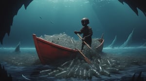 (close-up shot of dark fantasy movie scene), (((ugly Horrible creepy black skinned doatman dumps tons of empty plastic bottles into the ocean))), (old wooden boat) ((tons of plastic waste floating in the ocean background)), dark fantasy, dark color scheme, hyper realistic, red paint scattered, black paint scattered, raw, cinematic, photorealism, 8k, intricately detailed, award winning, acrylic palette knife, style of makoto shinkai studio, james gilleard, greg rutkowski, chiho aoshima,darkart,more detail XL,potma style