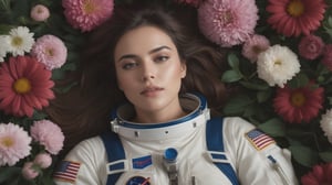 ((astronaut woman laying in a bed of flowers, vintage aesthetic, portrait style)), photo realistic, white light, cinematic, Shot on a Fujifilm GFX 100 with a GF 32- 64mm f/4 R LM WR lens; 1/125 sec at f/8, 8k, uhd, dslr, realistic, award winning photo, cinematic lighting, full body, sharp focus, cinematic lighting