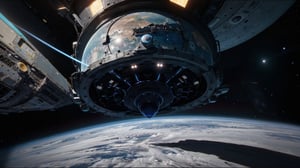 A ultra detailed glossy space ship falls from Earth orbit, ((blue ideal Planet Earth)), The atmosphere is saturated with depression and hopelessness. The wreckage of the space equipment over the background of ideal proportion planet Earth. Location of black clean space