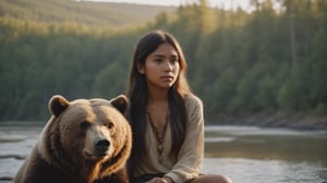 forest native of the indigenous girl Portrait, Centered portrait of a forest native girl, ((sitting at the river with a huge animal bear)), ultra realistic detail, in golden hour lighting, against a slightly blurred forest backdrop, Shot on a Fujifilm GFX 100 with a GF 32- 64mm f/4 R LM WR lens; 1/125 sec at f/8, 8k, uhd, dslr, realistic, award winning photo, cinematic lighting, full body, sharp focus, cinematic lighting