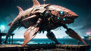 (((an old whaler with cybernetic implants on his body stands on an old sea pier))), ((a huge levitating cybernetic mechanical whale hovers over the sea)), ((dystopian neon night background)), ((Retrofuturism)), ((lighting dust particles)), horror movie scene, best quality, masterpiece, (photorealistic:1.4), 8k uhd, dslr, masterpiece photoshoot, (in the style of Hans Heysen and Carne Griffiths),shot on Canon EOS 5D Mark IV DSLR, 85mm lens, long exposure time, f/8, ISO 100, shutter speed 1/125, award winning photograph, facing camera, perfect contrast,zavy-cbrpnk,cinematic style