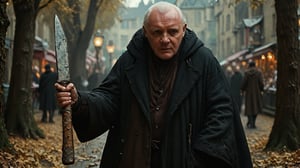 (angry very thin old anthony hopkins dressed in a long black cloak), (holds a huge cleaver knife in his hand), (dark night vintage park street background), flux-style, AND, inspired, illustrious quality, beautiful, fine artistic composition, highly complex, movie still, masterpiece