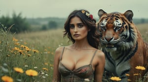 (((sexy cyberpunk android Penélope Cruz lies with a huge cybernetic mecha tiger in a flower meadow))), ((vintage dystopian cyberpunk summer field background)), ((lighting dust particles)), horror movie scene, best quality, masterpiece, (photorealistic:1.4), 8k uhd, dslr, masterpiece photoshoot, (in the style of Hans Heysen and Carne Griffiths),shot on Canon EOS 5D Mark IV DSLR, 85mm lens, long exposure time, f/8, ISO 100, shutter speed 1/125, award winning photograph, facing camera, perfect contrast,cinematic style