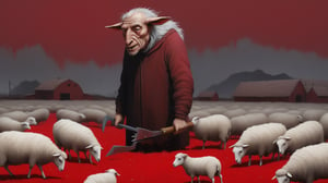 (dark fantasy movie scene), (((ugly mutated old man with a huge saw stands surrounded by sheep))), ((old farm with pasture background)), dark fantasy, dark color scheme, hyper realistic, red paint scattered, black paint scattered, raw, cinematic, photorealism, 8k, intricately detailed, award winning, acrylic palette knife, style of makoto shinkai studio, james gilleard, greg rutkowski, chiho aoshima,darkart,more detail XL,potma style