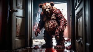 (((full body screaming biopunk old man with raw meat body parts with a deformed body stands in the doorway and holds huge teddy bear toy in a red liquid))), full body shot, ((dark dirty room background)), abrasions and scratches, torn flesh, high detail,  8k, masterpiece, realistic photo, horror, ct-horror, fantastical, intricate detail, complementary colors, horror fantasy concept art,(in the style of Hans Heysen and Carne Griffiths),shot on Canon EOS 5D Mark IV DSLR, 85mm lens, long exposure time, f/8, ISO 100, shutter speed 1/125, award winning photograph, facing camera, perfect contrast,cinematic style,biopunk style