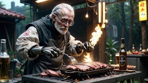 (((an old cybernetic grandfather cooks meat on barbecue with robot friends))), ((There are glasses of beer and bottles of strong alcohol on the table)), ((dystopian neon night garden background)), ((Retrofuturism)), ((lighting dust particles)), horror movie scene, best quality, masterpiece, (photorealistic:1.4), 8k uhd, dslr, masterpiece photoshoot, (in the style of Hans Heysen and Carne Griffiths),shot on Canon EOS 5D Mark IV DSLR, 85mm lens, long exposure time, f/8, ISO 100, shutter speed 1/125, award winning photograph, facing camera, perfect contrast,zavy-cbrpnk,cinematic style