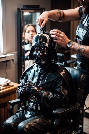Envision an adorable and playful scene: 1 Darth Vader from "Star Wars" movie with huge silver beard, sitting in the barber's chair, ((stylish barbershop background)), (((huge silver beard))), close-up portrait shot
