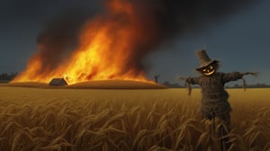 (dark fantasy movie scene), (((an ugly garden scarecrow scarecrow sets fire to old windmill))), ((old corn field background)), dark fantasy, dark color scheme, hyper realistic, raw, cinematic, photorealism, 8k, intricately detailed, award winning, acrylic palette knife, style of makoto shinkai studio, james gilleard, greg rutkowski, chiho aoshima,darkart,more detail XL,potma style