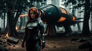 medium shot of 1 C7b3rp0nkStyle ukrainian woman, orange hair, cyberpunk armor, stands next to a futuristic military spaceship, (night dystopian cyberpunk forest zone background), (Vintage Sci-fi), (determined expression:1.3), outdoor, dystopian futuristic era, realistic, ambient light, cinematic composition, wide-angle lens, best quality, masterpiece,Vintage Sci-fi,C7b3rp0nkStyle:1