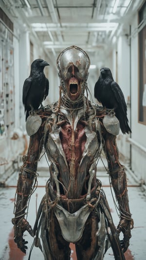 A creepy humanoid character with very long and thin limbs, dressed in futuristic antique armor with rust and deformations, biological tubes with red liquid in the flesh, a mouth sewn up with thick threads, a creepy elongated face with two jaws, arteries and veins are visible on the skin, full growth, full body, location - a perfectly clean white sci-fi laboratory room, an old raven sits on the shoulder, ultra realistic photo, horror sci-fi theme, mechanical body parts, experimental style, abandoned, surreal, cinematic film