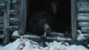 cinematic medium shot film still, high contrast:1, a cinematic motion picture film, artistic creative color photography style, Kodak color film style, cinemascope, film grain, (A huge bear sleeps on the threshold of an old forest house in winter. Part of a human foot in a boot sticks out of its mouth. The snow under the bear's mouth is red. Bones and raw meat are lying nearby). Pontianak creepy 