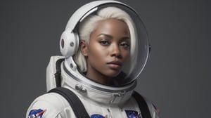 hyper-realistic photograph, featuring an attractive female hero, African albino, Mecha astronaut pilot for NASA, wearing a vintage-style space suit made in aluminum and white varnish colors. The suit has an oversized look, photography style by Hedi Slimane photography, 10k resolution. The setting is one studio flash octa soft bank lights from top, against a dark grey background. The image should exhibit rich and high-quality details, showcasing modern cinematic realism. The shot is taken from an eye-level perspective, similar to the style achieved with a Canon 1D camera, using 40-70mm 2.8 lenses and a Topcor 58mm f/1.4 lens