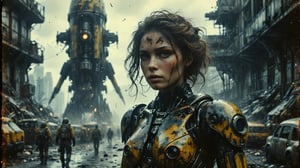 (((medium front shot of futuristic black skinned female 40 y.o. android with grunge mechanical body parts dressed in a glossy sci-fi yellow armor near a space rocket on the launch pad surrounded by combat mecha robots))), ((morning dystopian rainy vintage military area background)), looking at viewer, high detail, 8k, masterpiece, realistic photo, sci-fi, fantastical, intricate detail, complementary colors, sci-fi concept art, (in the style of Hans Heysen and Carne Griffiths), (Neil Blomkamp style), shot on Canon EOS 5D Mark IV DSLR, 85mm lens, long exposure time, f/8, ISO 100, shutter speed 1/125, award winning photograph, facing camera, perfect contrast, cinematic style