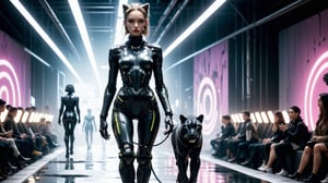 (((Gorgeous sexy cybernetic android fashion model with long legs walks down the catwalk with a black panther animal on a leash))), ((Paris fashion week)), ((dystopian neon fashion room background)), ((Retrofuturism)), ((lighting dust particles)), horror movie scene, best quality, masterpiece, (photorealistic:1.4), 8k uhd, dslr, masterpiece photoshoot, (in the style of Hans Heysen and Carne Griffiths),shot on Canon EOS 5D Mark IV DSLR, 85mm lens, long exposure time, f/8, ISO 100, shutter speed 1/125, award winning photograph, facing camera, perfect contrast,zavy-cbrpnk,cinematic style