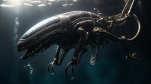 (((H.R. Giger glossy Alien Xenomorph humanoid swims underwater near the sunken space shuttle)), (((full body view))), ((dystopian dark underwater background)), ((Retrofuturism)), ((lighting dust particles)), horror movie scene, best quality, masterpiece, (photorealistic:1.4), 8k uhd, dslr, masterpiece photoshoot, (in the style of Hans Heysen and Carne Griffiths),shot on Canon EOS 5D Mark IV DSLR, 85mm lens, long exposure time, f/8, ISO 100, shutter speed 1/125, award winning photograph, facing camera, perfect contrast,GHTEN,cinematic style,science fiction