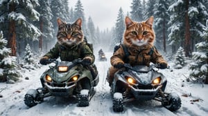 (((two cats in military winter gear and guns riding snowmobiles scooters))), ((snowy winter pine forest background)), high detail, 8k, masterpiece, realistic photo, sci-fi, fantastical, intricate detail, complementary colors, (in the style of Hans Heysen and Carne Griffiths), shot on Canon EOS 5D Mark IV DSLR, 85mm lens, long exposure time, f/8, ISO 100, shutter speed 1/125, award winning photograph, facing camera, perfect contrast, cinematic style