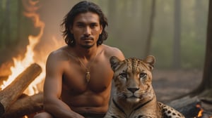 old forest native of the indigenous people Portrait, Centered portrait of an old nude forest native man, ((sitting near the fire with a huge animal panther)), ultra realistic detail, in golden hour lighting, against a slightly blurred forest backdrop, Shot on a Fujifilm GFX 100 with a GF 32- 64mm f/4 R LM WR lens; 1/125 sec at f/8, 8k, uhd, dslr, realistic, award winning photo, cinematic lighting, full body, sharp focus, cinematic lighting