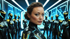 (((medium shot of vintage Olivia Wilde as character from "Tron: Legacy" movie stands next to pixelated holographic laser silhouettes of futuristic soldiers))), (dressed in a black tight-fitting suit with yellow neon luminous stripes), ((vintage glossy cybernetic night black pixel room with neon and laser lighting background)), high detail, 8k, masterpiece, realistic photo, sci-fi, fantastical, intricate detail, complementary colors, (in the style of Hans Heysen and Carne Griffiths), shot on Canon EOS 5D Mark IV DSLR, 85mm lens, long exposure time, f/8, ISO 100, shutter speed 1/125, award winning photograph, facing camera, perfect contrast, cinematic style, Vintage World,VTWXL