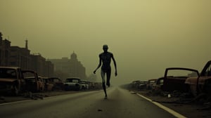 On an abandoned highway near an small apocalyptic town, a creepy humanoid creature with a nightmarish, surreal form, inspired by Zdzislaw Beksinski's style, runs past wrecked cars and crumbling ruins. The scene is bathed in a grim, dusky light, with desolate, wrecked vehicles scattered across the road and a haunting, decayed cityscape looming in the background, creating an atmosphere of eerie desolation and impending doom. Photorealistic