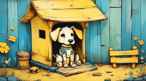 a whimsical art design, ((close-up image of 1 beautiful robot dog sits with a bone in his teeth near a wooden booth)), (clean yellow and blue main colors), cozy yard background, creative illustration, conceptual art, dadaism