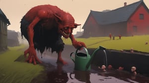 (close-up shot of dark fantasy movie scene), (((ugly Horrible mutated old man pours acid from a watering can onto a ditch with sleeping people))), (people lying sleeping in a ditch), ((old village yard background)), dark fantasy, dark color scheme, hyper realistic, red paint scattered, black paint scattered, raw, cinematic, photorealism, 8k, intricately detailed, award winning, acrylic palette knife, style of makoto shinkai studio, james gilleard, greg rutkowski, chiho aoshima,darkart,more detail XL,potma style