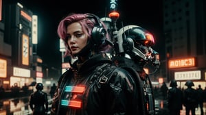 medium shot of 1 C7b3rp0nkStyle android 16 y. o. girl, pink hair, cyberpunk armor, stands next to a huge hover sci-fi helicopter, (a lot of small combat mecha droids around), (night dystopian cyberpunk led neon rainy street background), (Vintage Sci-fi), (determined expression:1.3), outdoor, dystopian futuristic era, realistic, ambient light, cinematic composition, wide-angle lens, best quality, masterpiece,Vintage Sci-fi,C7b3rp0nkStyle:1