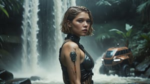 (((full body sexy cyberpunk android Lea Seydoux standing under a waterfall near a futuristic robot mecha avatar transport))), ((morning vintage dystopian cyberpunk tropical island background)), full body, ((lighting dust particles)), horror movie scene, best quality, masterpiece, (photorealistic:1.4), 8k uhd, dslr, masterpiece photoshoot, (in the style of Hans Heysen and Carne Griffiths),shot on Canon EOS 5D Mark IV DSLR, 85mm lens, long exposure time, f/8, ISO 100, shutter speed 1/125, award winning photograph, facing camera, perfect contrast,cinematic style