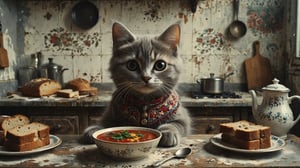 extremely realistic, high-definition, real cat, (a cute big-eyed gray fluffy cat of the Nebelung breed eats Ukrainian red borscht soup with bread pampushki), (dressed in a Ukrainian embroidered shirt), white kitchen room space
