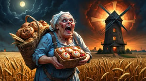 (((medium shot of Creepy Freakish biopunk screaming very fat old woman baker carries a bag of baked goods on his back), (there is a lot of wheat around), (night dark windmill in the field background), ((biopunk, raw meat, ulcers red pores), art style by Zdzisław Beksiński, glowing lights, masterpiece, best quality, photorealistic illustration, ultra-high resolution, photographic light, hyper detailed, Creepy Freakish,creepy_n_freaks_V1.0:0.8