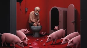 (dark fantasy movie scene), (((ugly Horrible old man stands next to an old toilet surrounded by pigs))), ((old dark farm yard background)), dark fantasy, dark color scheme, hyper realistic, red paint scattered, black paint scattered, raw, cinematic, photorealism, 8k, intricately detailed, award winning, acrylic palette knife, style of makoto shinkai studio, james gilleard, greg rutkowski, chiho aoshima,darkart,more detail XL,potma style