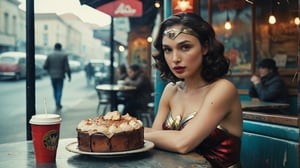 (((vintage Gal Gadot as "Wonder Woman" character sitting at a table in a summer street roadside cafe))), (there is coffee and a piece of cake on the table), (hands are lowered under the table), ((vintage highway background)), high detail, 8k, masterpiece, realistic photo, sci-fi, fantastical, intricate detail, complementary colors, (in the style of Hans Heysen and Carne Griffiths), shot on Canon EOS 5D Mark IV DSLR, 85mm lens, long exposure time, f/8, ISO 100, shutter speed 1/125, award winning photograph, facing camera, perfect contrast, cinematic style, Vintage World,VTWXL