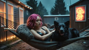 (((close-up sexy cyberpunk android Pom Klementieff lying on a hammock next to a huge fluffy dog ​​near a vintage mobile home))), ((dark vintage dystopian led neon cyberpunk street background)), ((lighting dust particles)), horror movie scene, best quality, masterpiece, (photorealistic:1.4), 8k uhd, dslr, masterpiece photoshoot, (in the style of Hans Heysen and Carne Griffiths),shot on Canon EOS 5D Mark IV DSLR, 85mm lens, long exposure time, f/8, ISO 100, shutter speed 1/125, award winning photograph, facing camera, perfect contrast,cinematic style