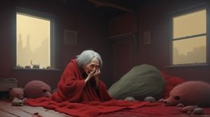 (close-up shot of dark fantasy movie scene), (((ugly Horrible screaming mutated old woman knits a huge blanket that covers the mutant grandchildren sleeping on the floor))), (there are old children's toys lying on the floor), ((old village house room background)), dark fantasy, dark color scheme, hyper realistic, red paint scattered, black paint scattered, raw, cinematic, photorealism, 8k, intricately detailed, award winning, acrylic palette knife, style of makoto shinkai studio, james gilleard, greg rutkowski, chiho aoshima,darkart,more detail XL,potma style